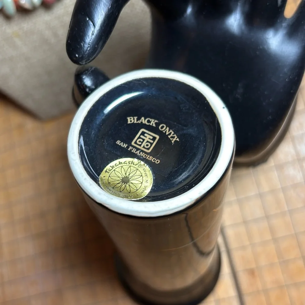 Black Onyx San Francisco Black Ceramic Vase w Blue Iris Design GUC 6”Hx2 5/8”D - Picture 9 of 17